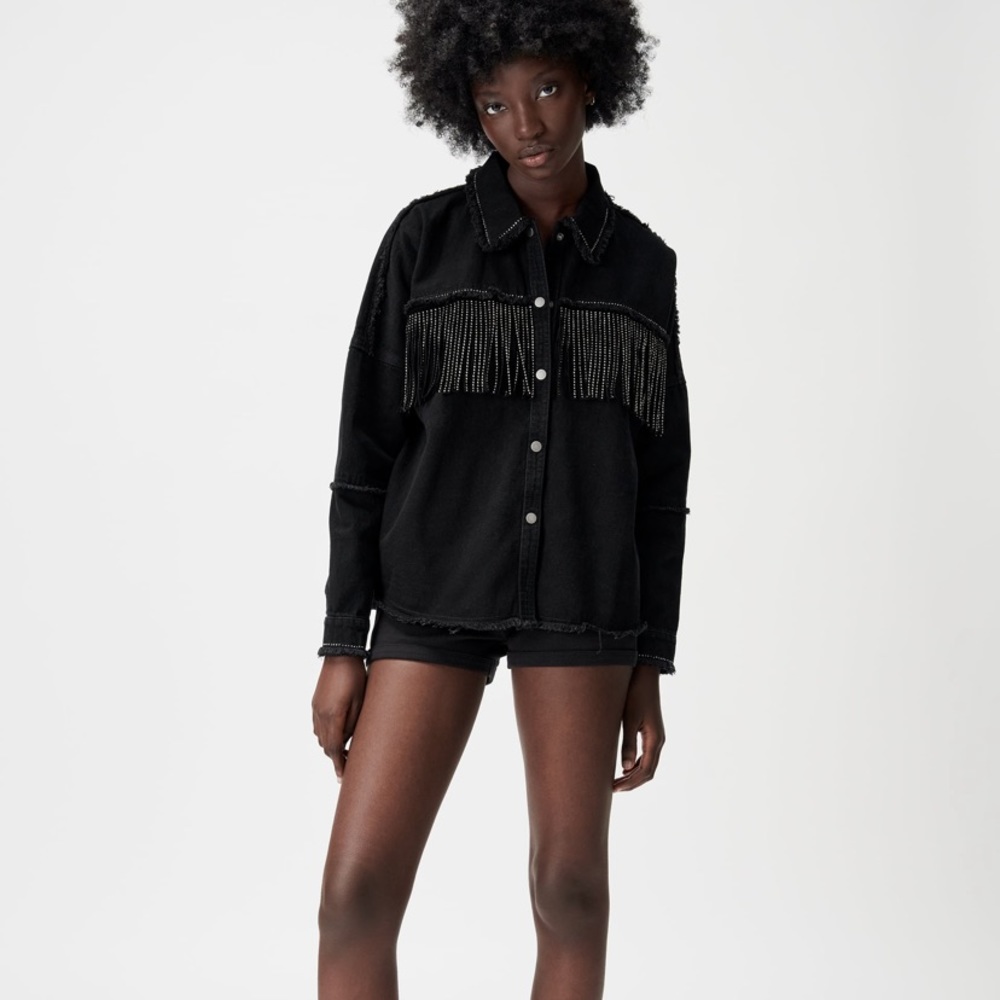 Zara Black Fringe Denim Jacket